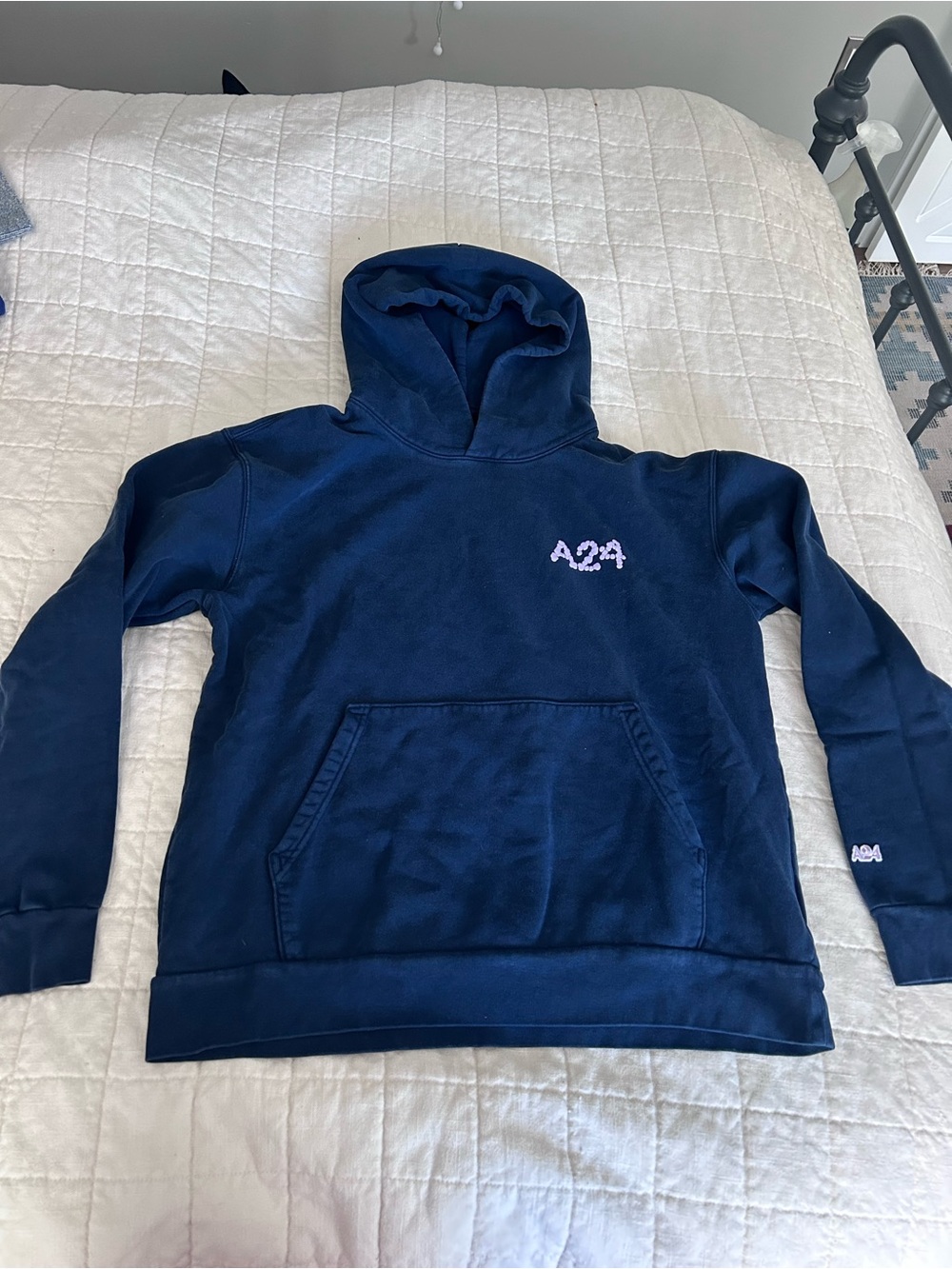 Unisex A24 merch navy blue and purple petal hoodie.